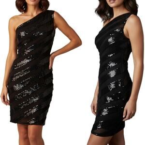 Tadashi Shoji Sequin One Shoulder Dress Black Formal Sz 6